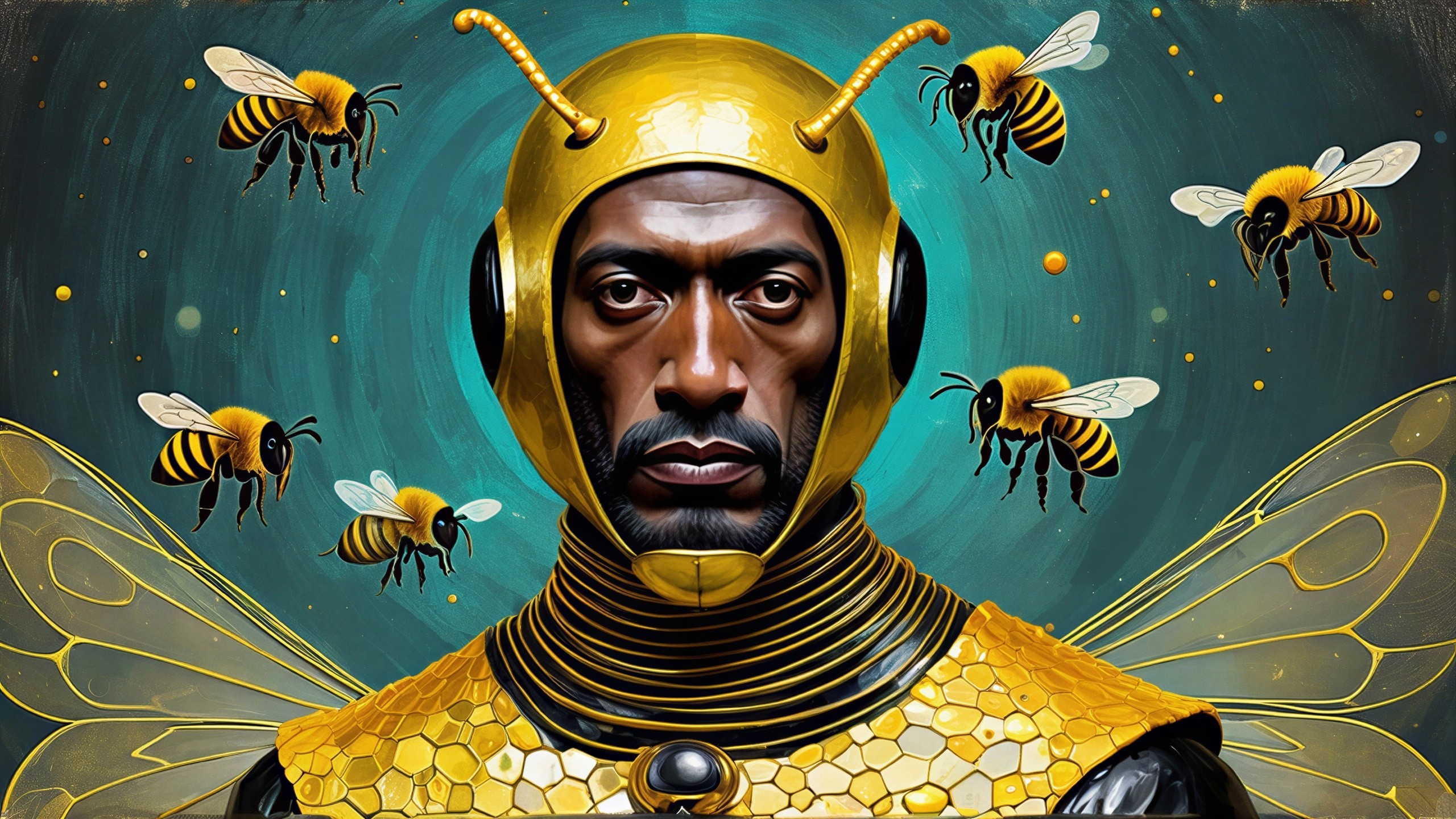 Futuristic figure with golden bee-themed helmet and wings