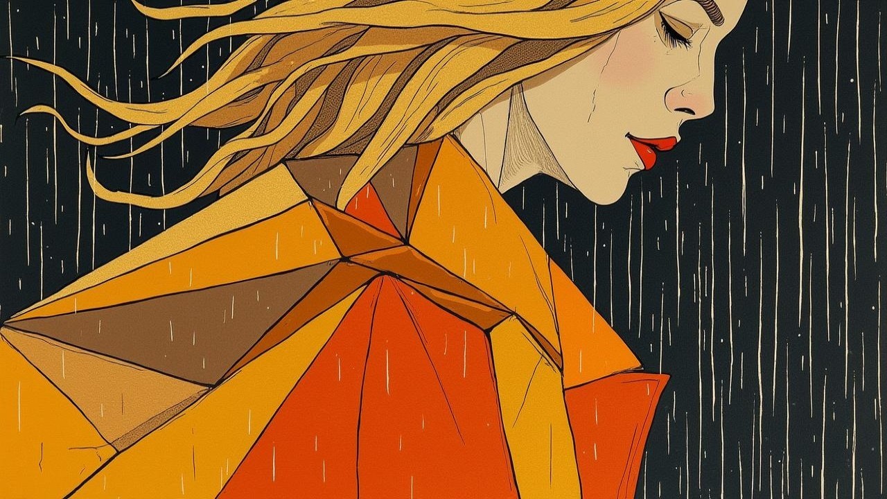 Stylized Illustration of Woman in Rain with Orange Coat