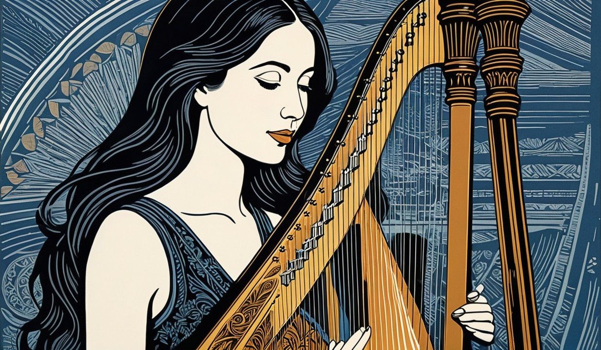 Woman Playing Harp with Intricate Patterns and Colors