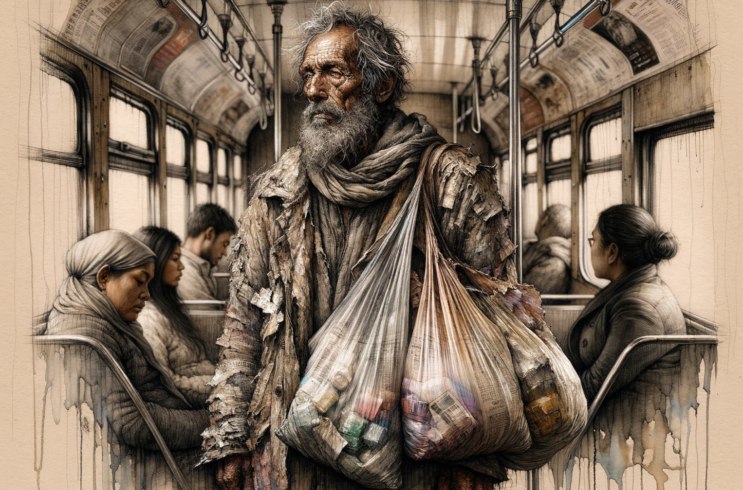 Weathered Man in Subway Car with Heavy Bags