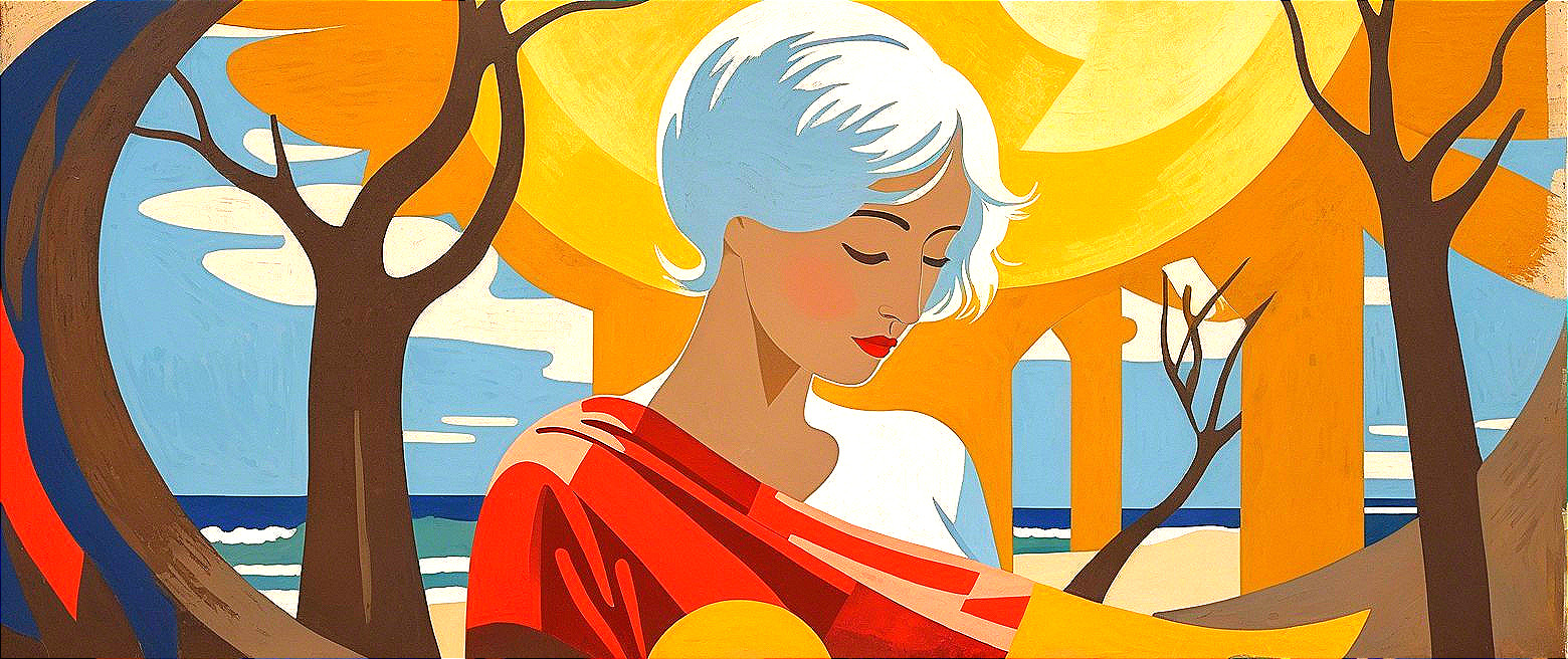 Serene woman in red amidst warm-toned nature scene