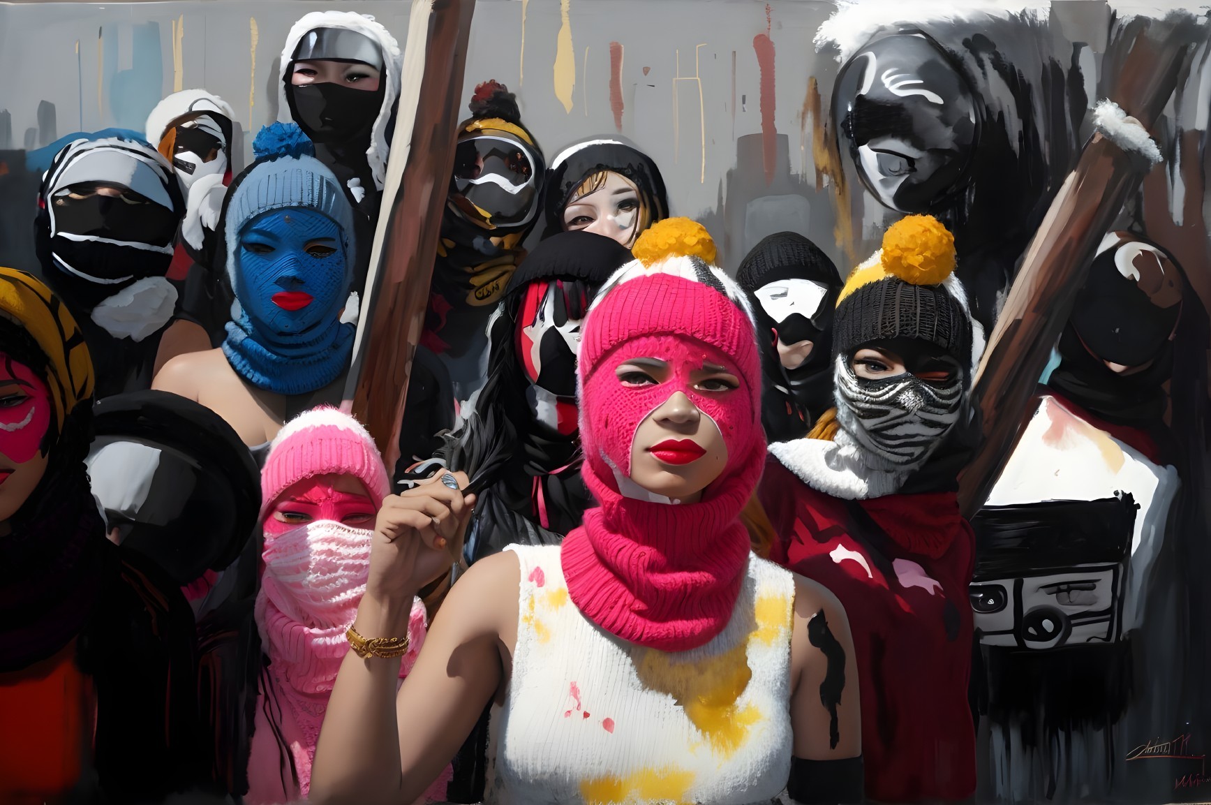 Masked Individuals in Colorful Knit Attire and Unity