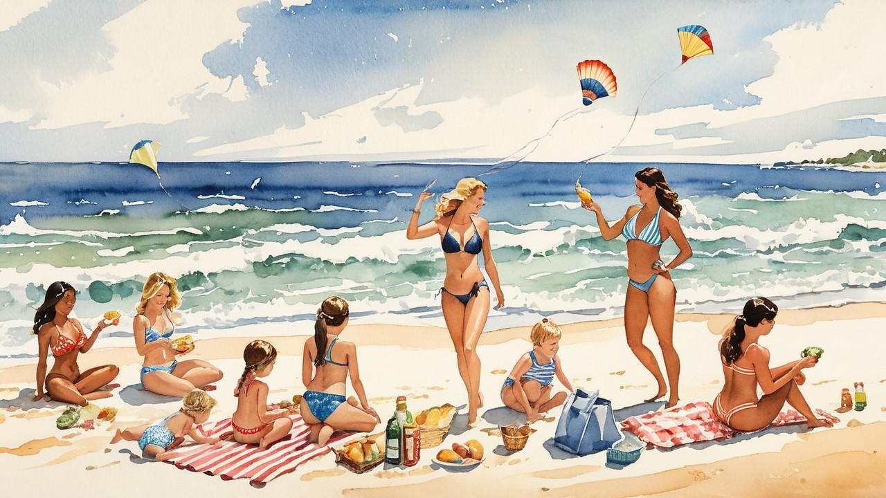 Watercolor Beach Scene with Women and Children