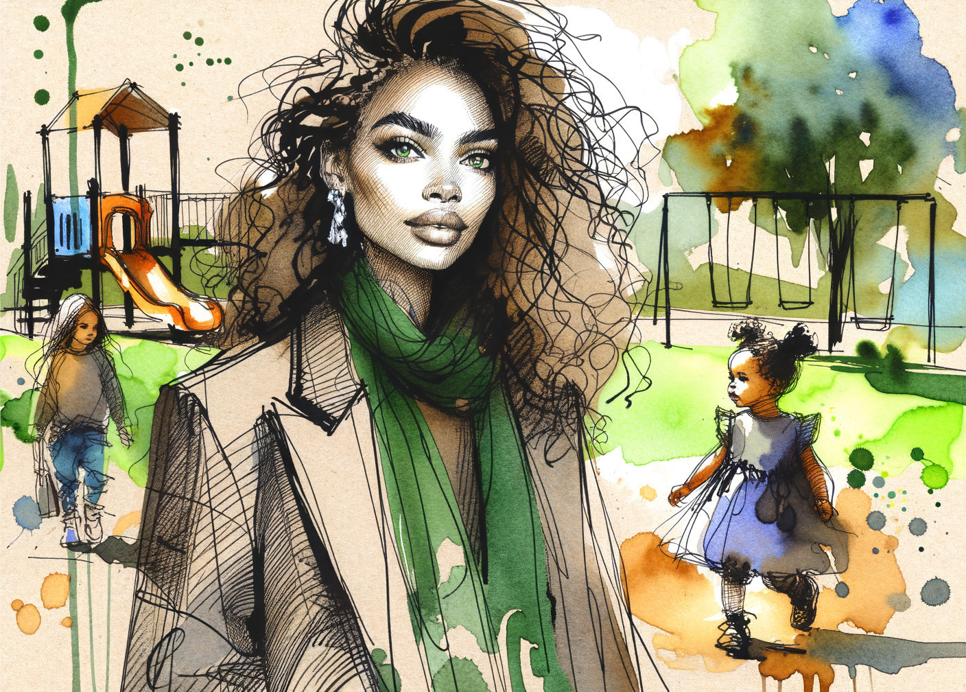 Stylish Woman in Park with Children Playing Nearby