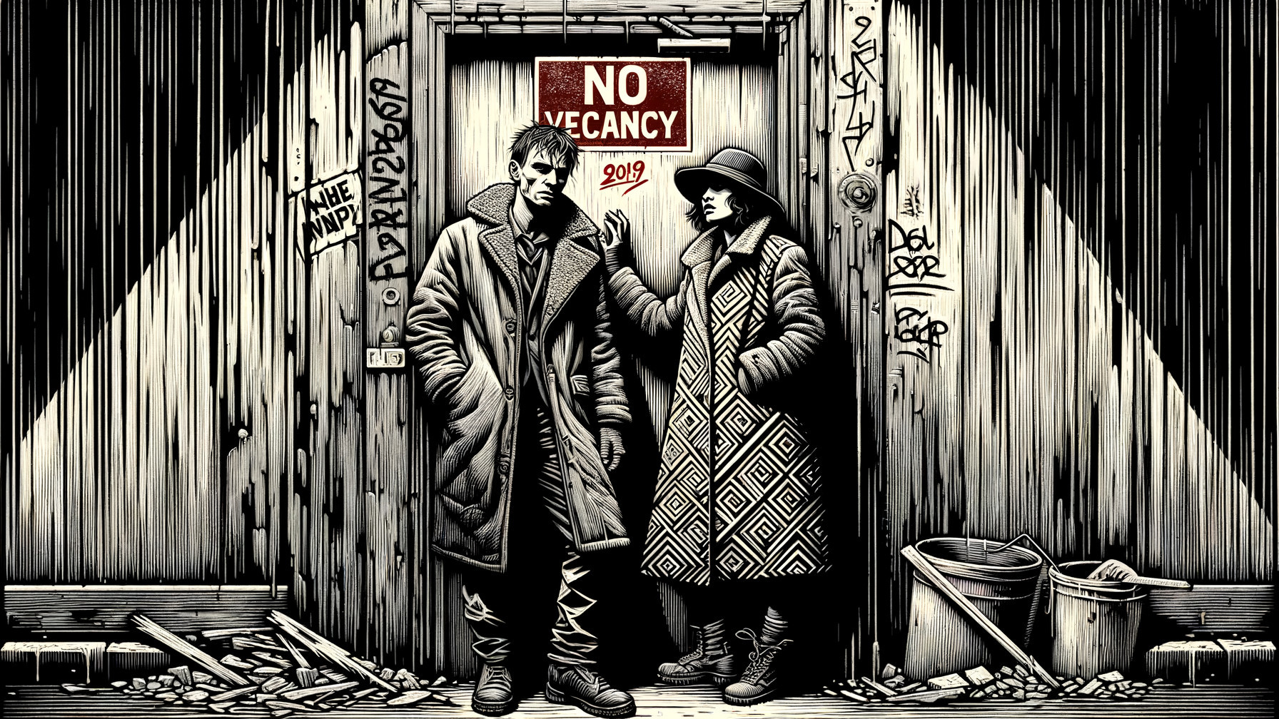 Black and white graphic novel illustration of a couple