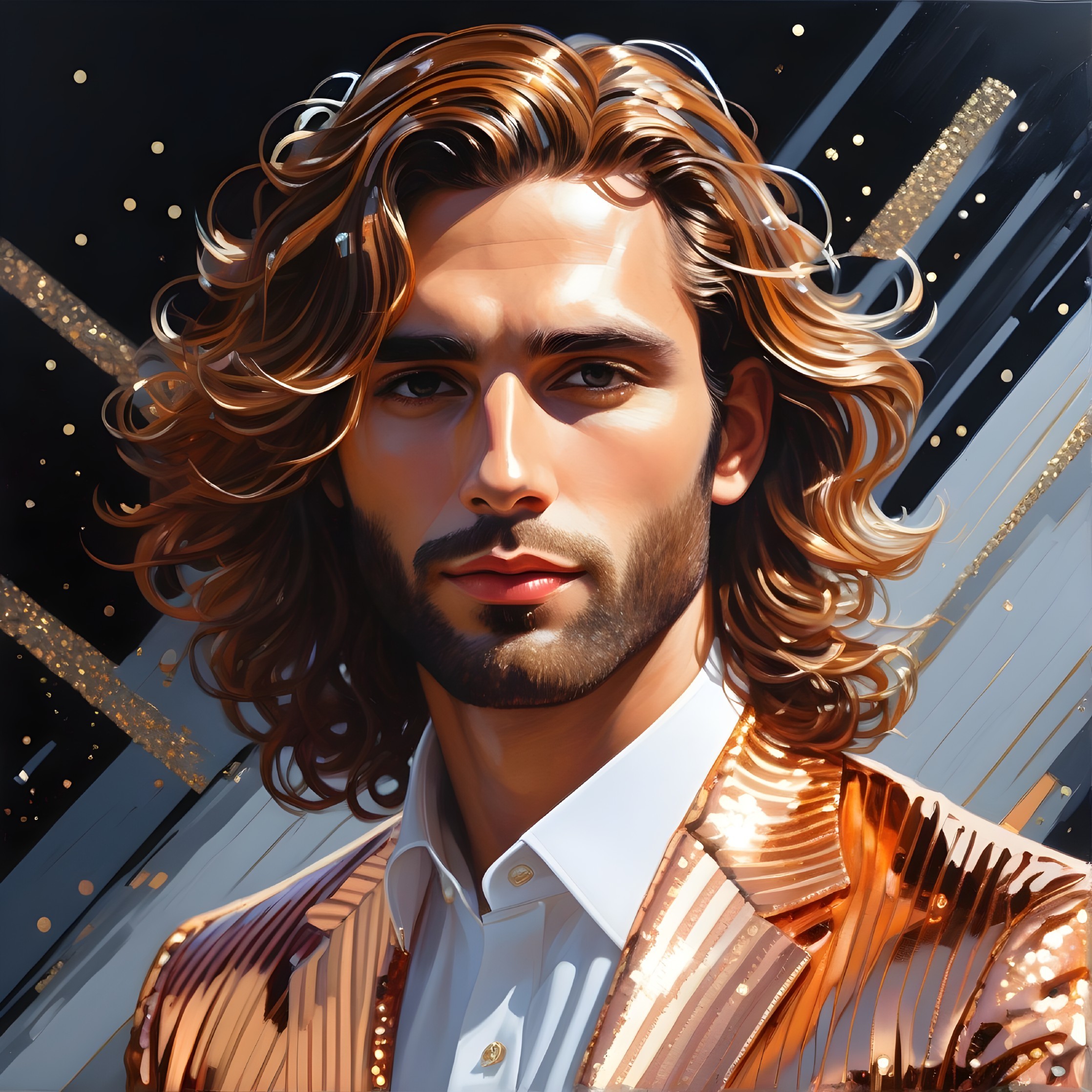 Stylized portrait of man with long curly hair and gold jacket