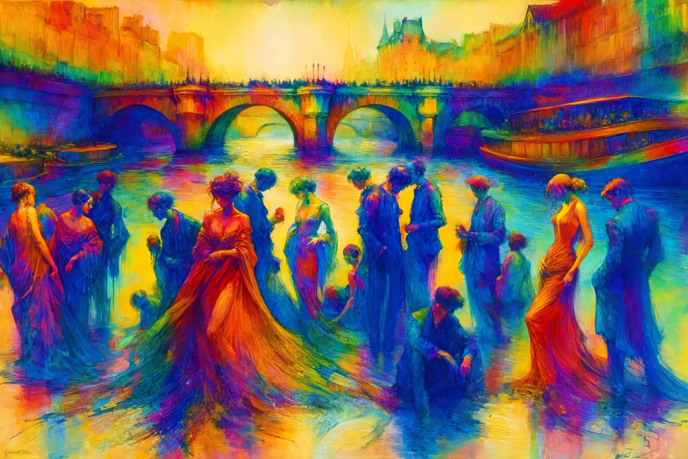 Impressionistic Scene of Figures by a Riverbank