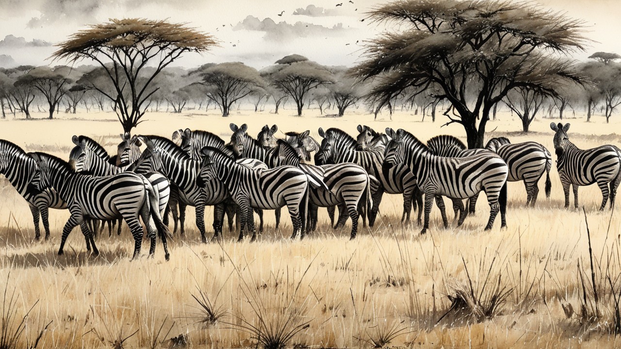 Zebras in a Serene Golden Grassland Landscape