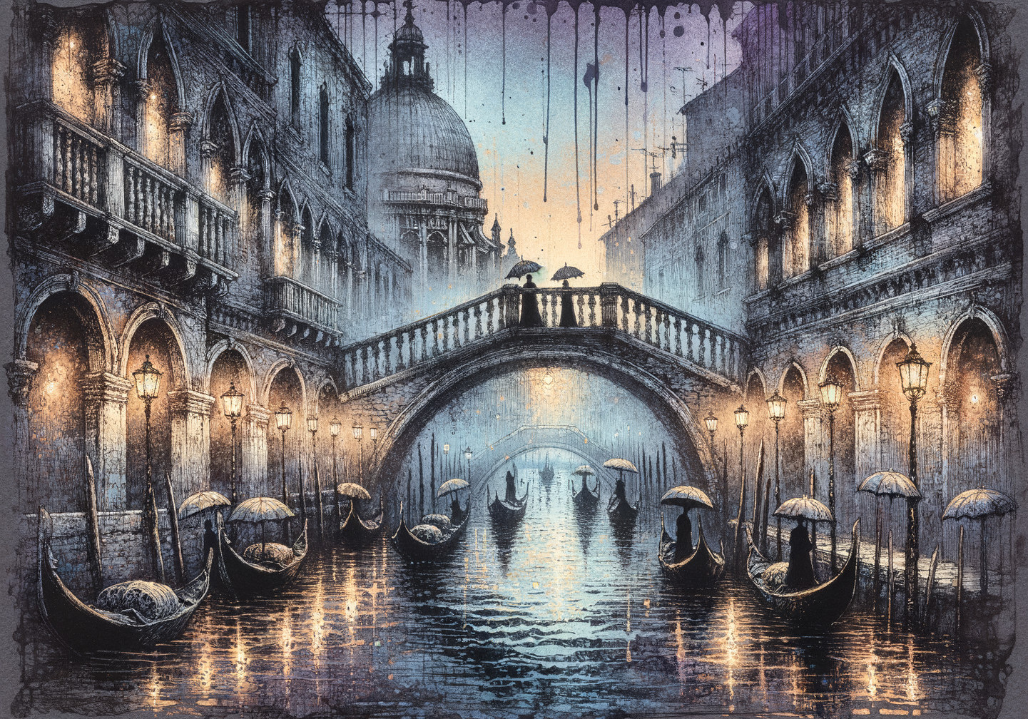 Serene Night Scene in a Venetian Canal with Gondolas