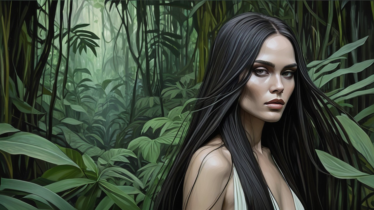 Woman in Jungle with Black Hair and Dappled Sunlight