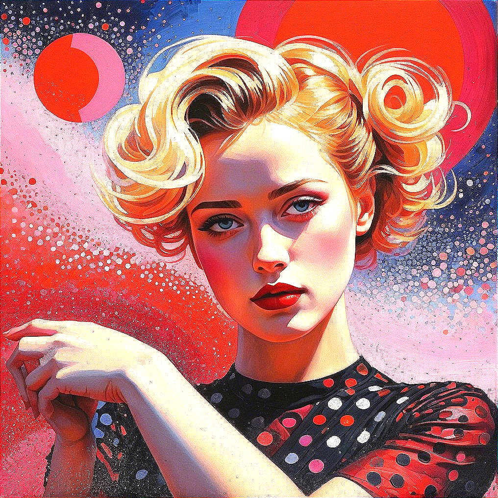 Portrait of a woman with wavy blonde hair and polka dots