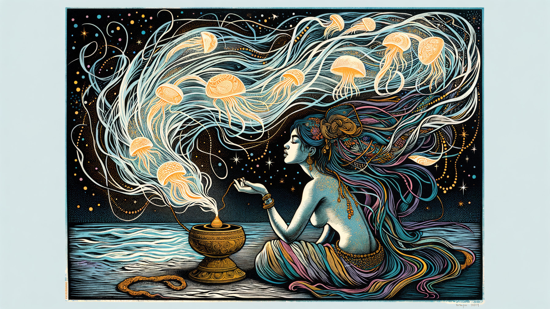 Serene Figure with Jellyfish Under Starry Sky