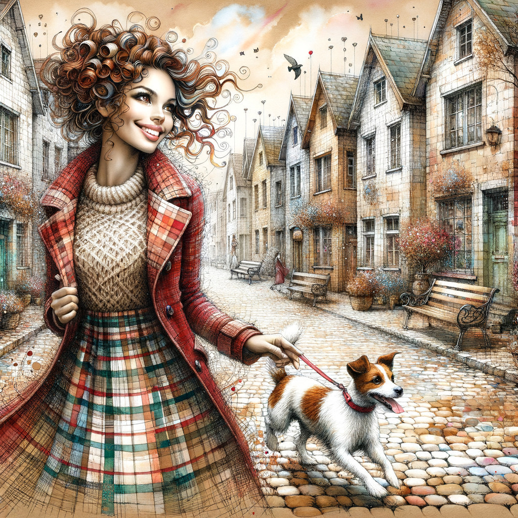 Cheerful woman walks dog on cobblestone street
