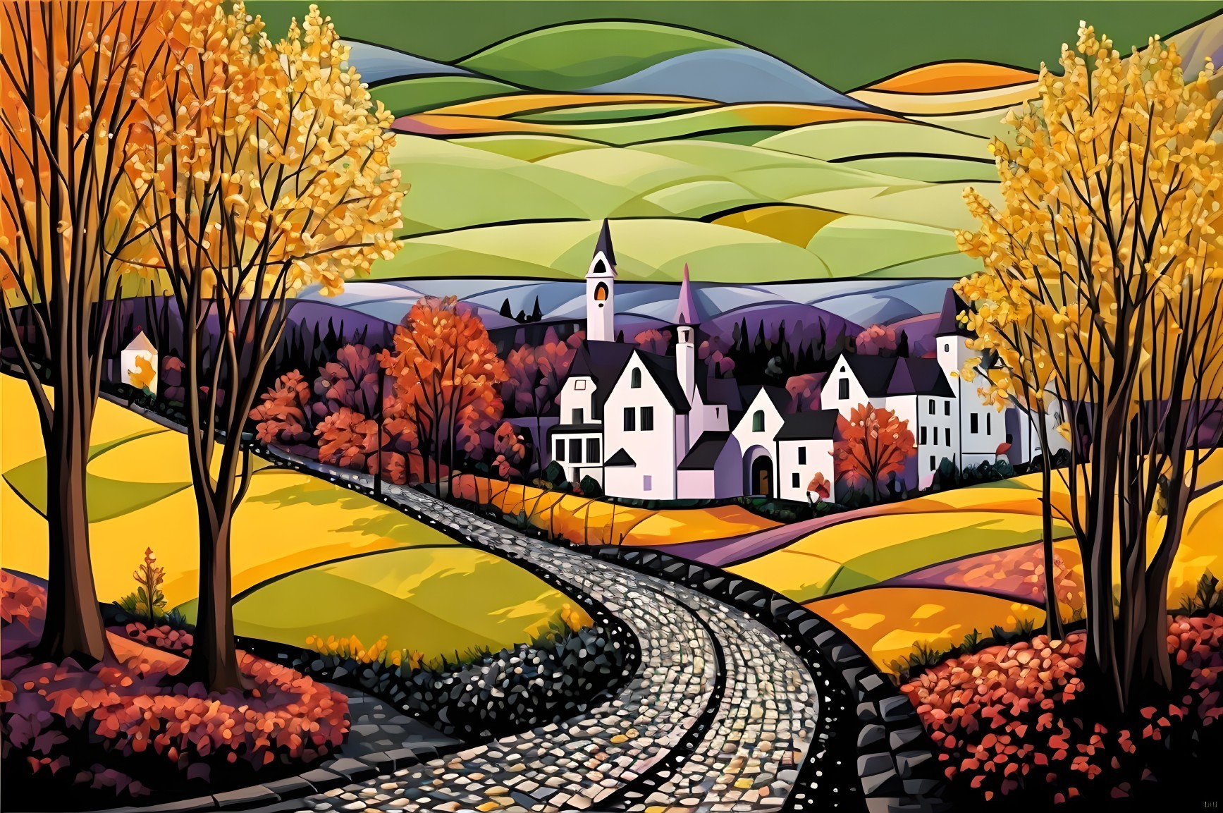 Colorful Painting of a Quaint Village in Autumn