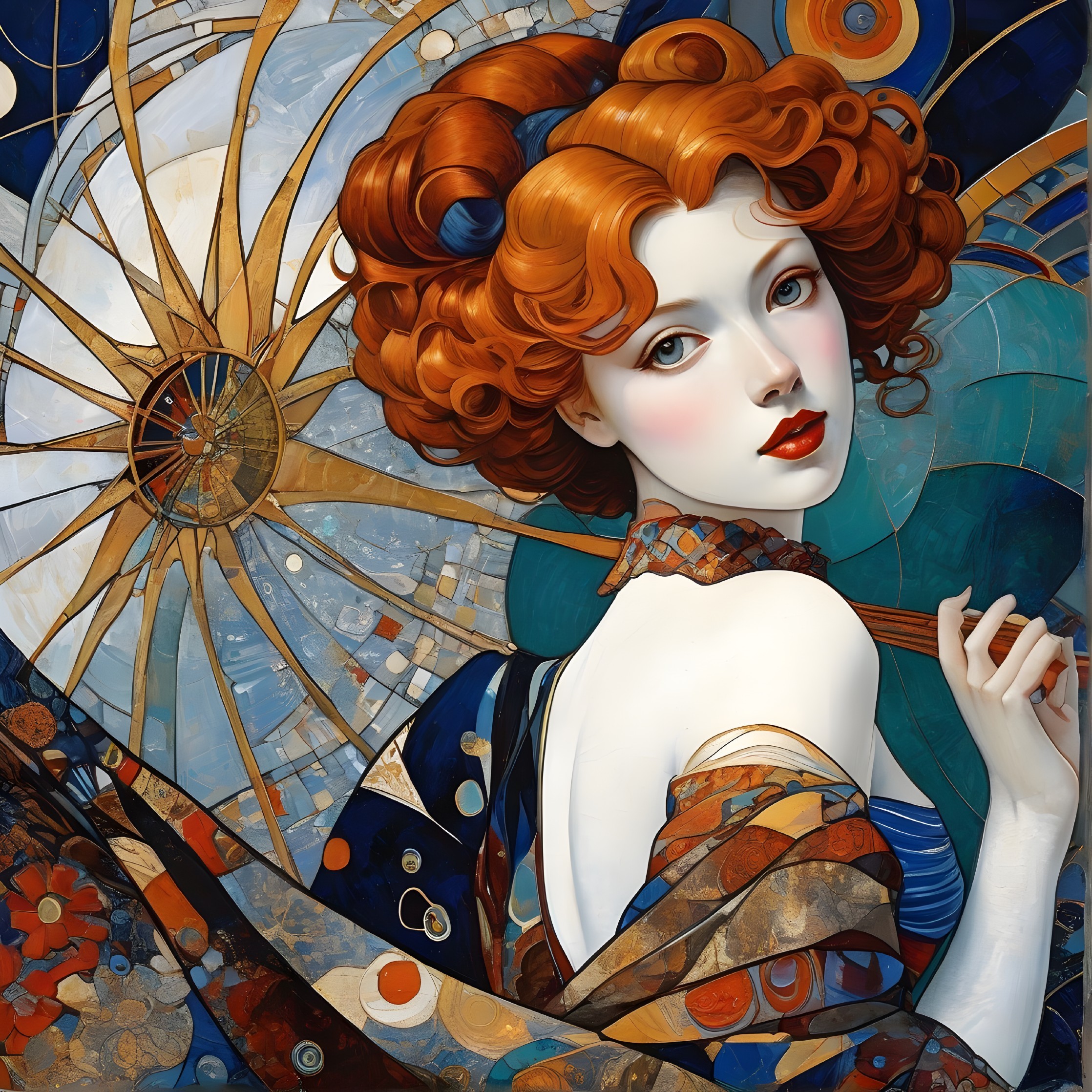 Portrait of a Woman with Red Hair and Geometric Patterns