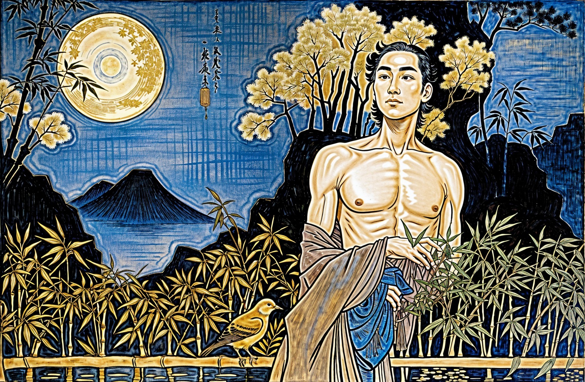 Serene Young Man in Bamboo with Full Moon Background