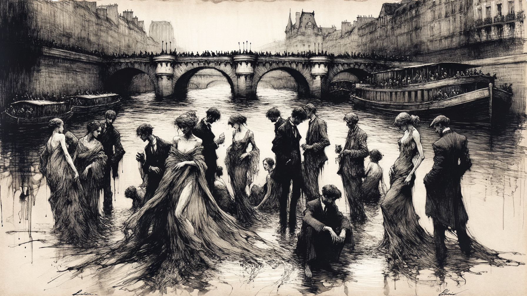 Elegant Figures by a River with Historic Bridge