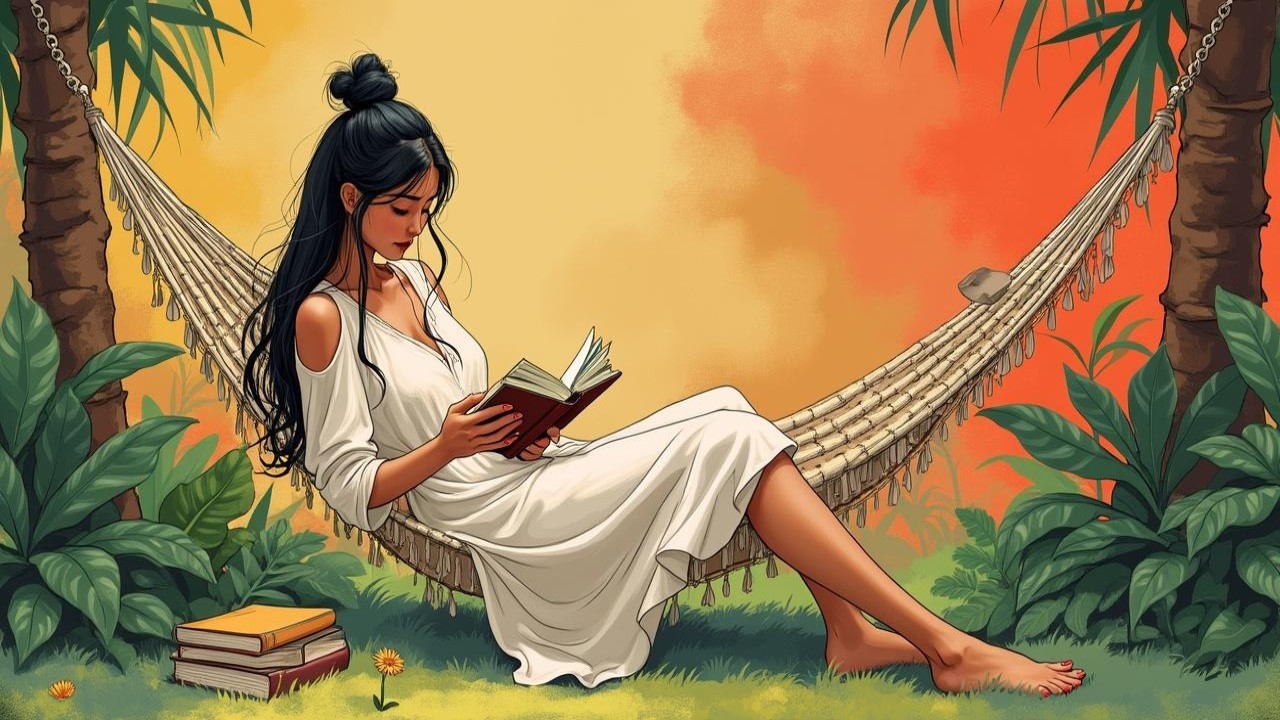 Young Woman in Hammock Surrounded by Tropical Greenery