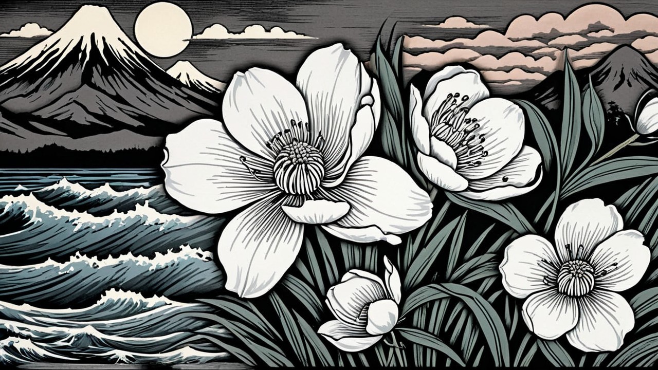 Vibrant White Flowers Against Serene Mountain Landscape