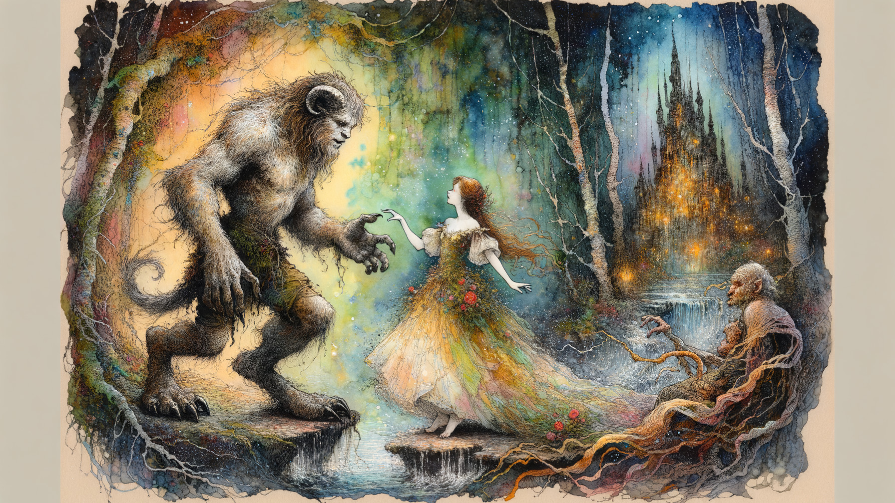 Gentle Giant and Whimsical Woman in Magical Forest