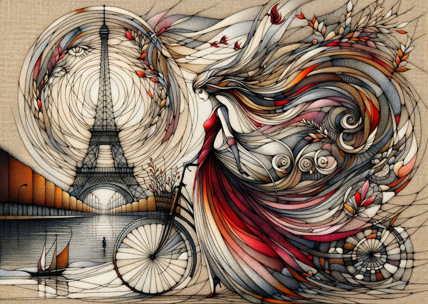 Whimsical Woman in Red Dress by Eiffel Tower