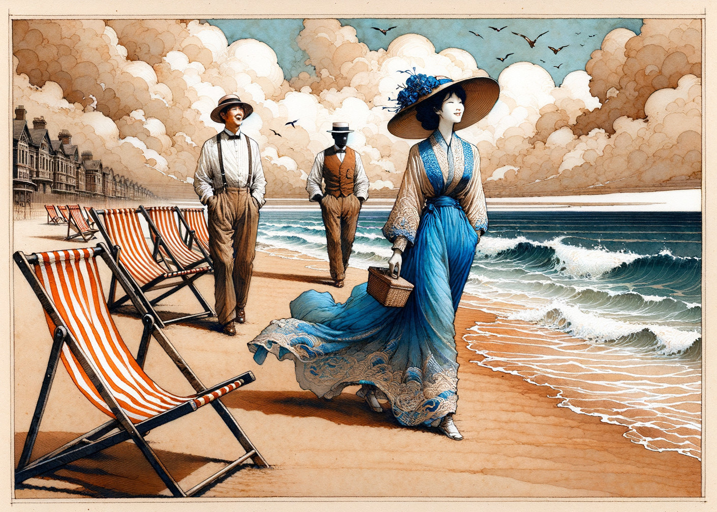 Vintage beach scene with elegant dress and gentlemen