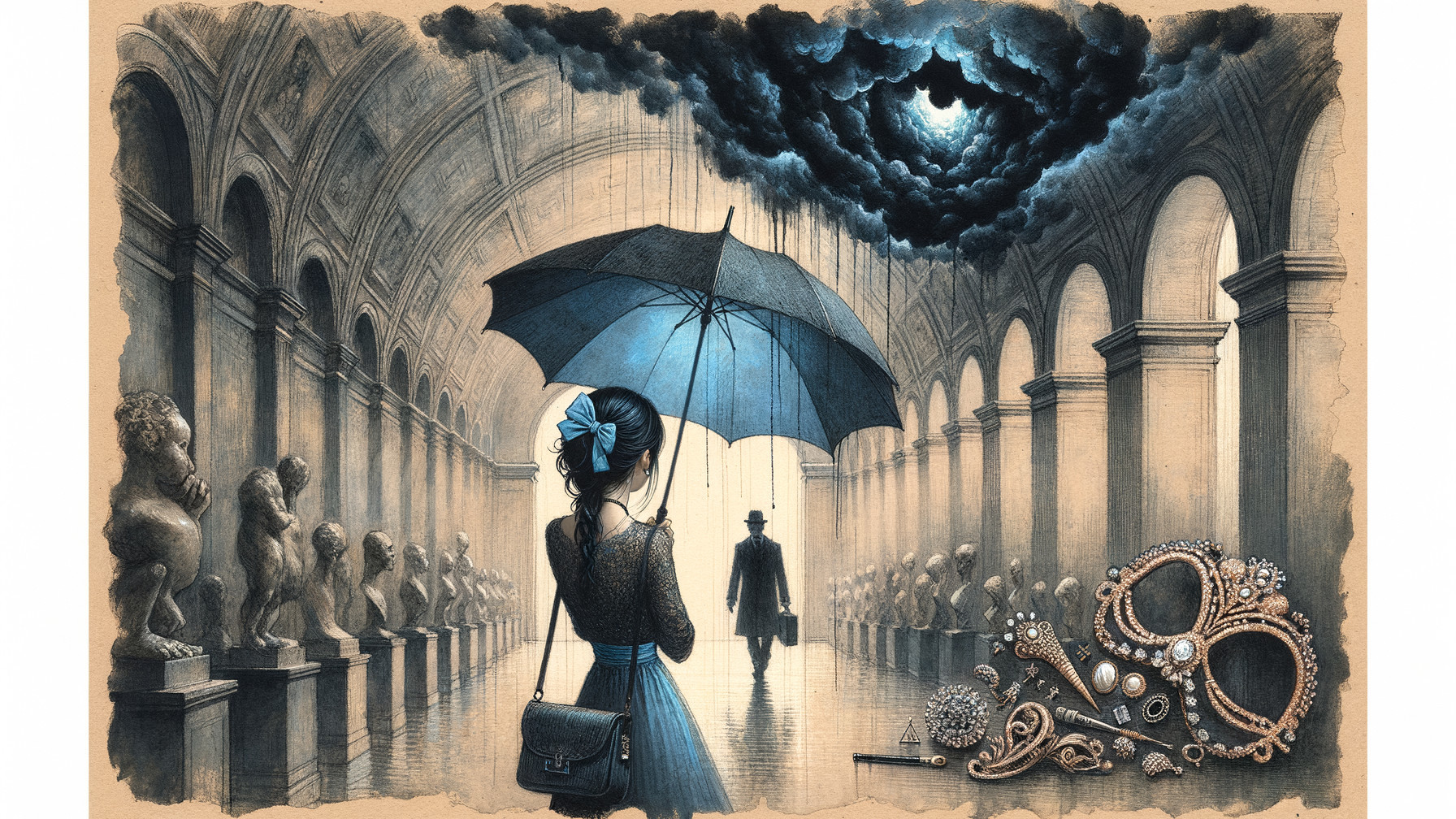 Surreal Scene with Woman, Umbrella, and Shadowy Figure