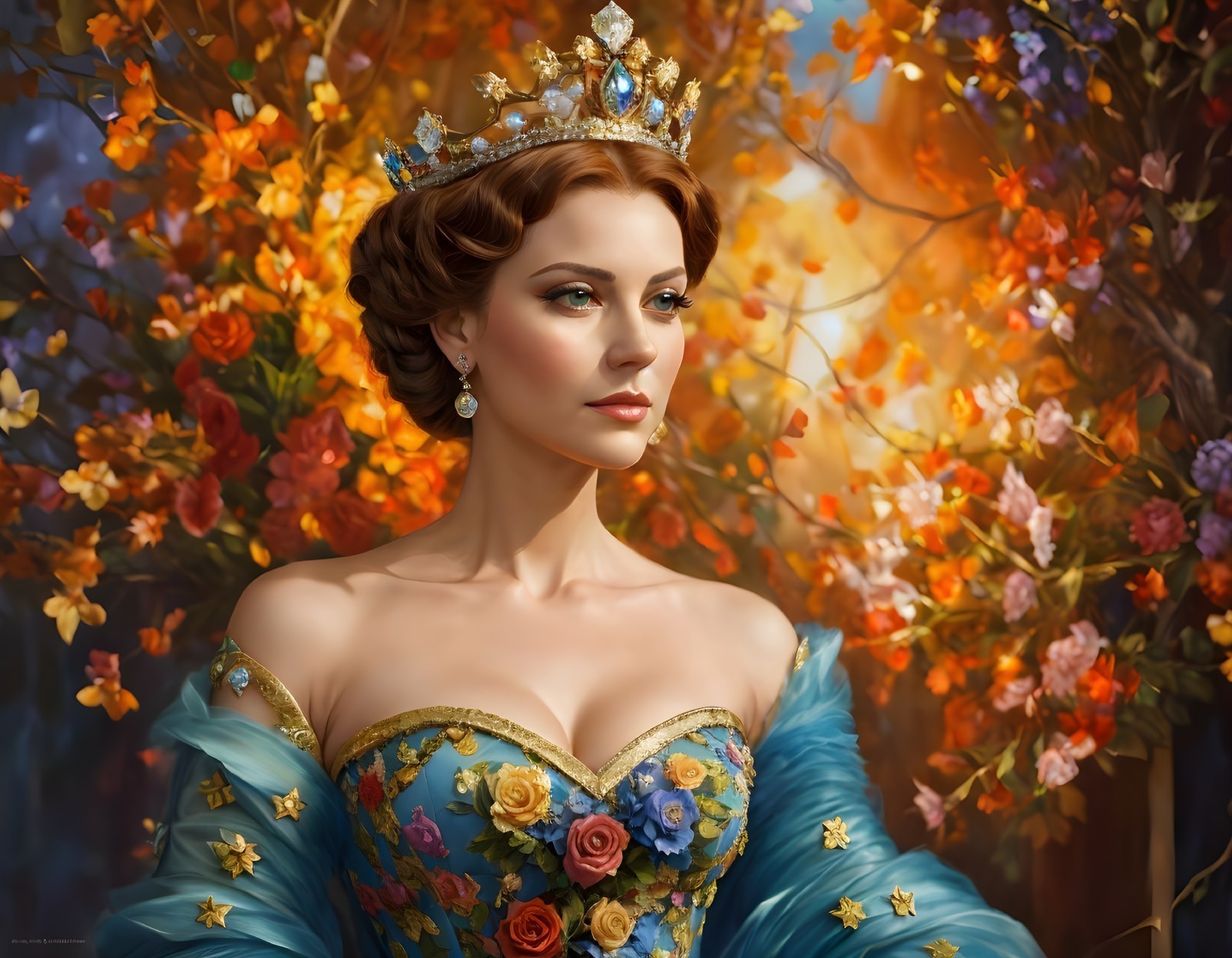 Regal Woman in Floral Gown Surrounded by Flowers