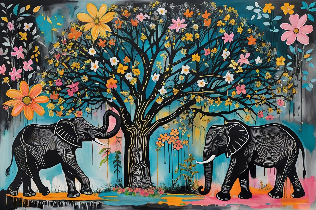 Colorful Artwork of Elephants Under a Stylized Tree