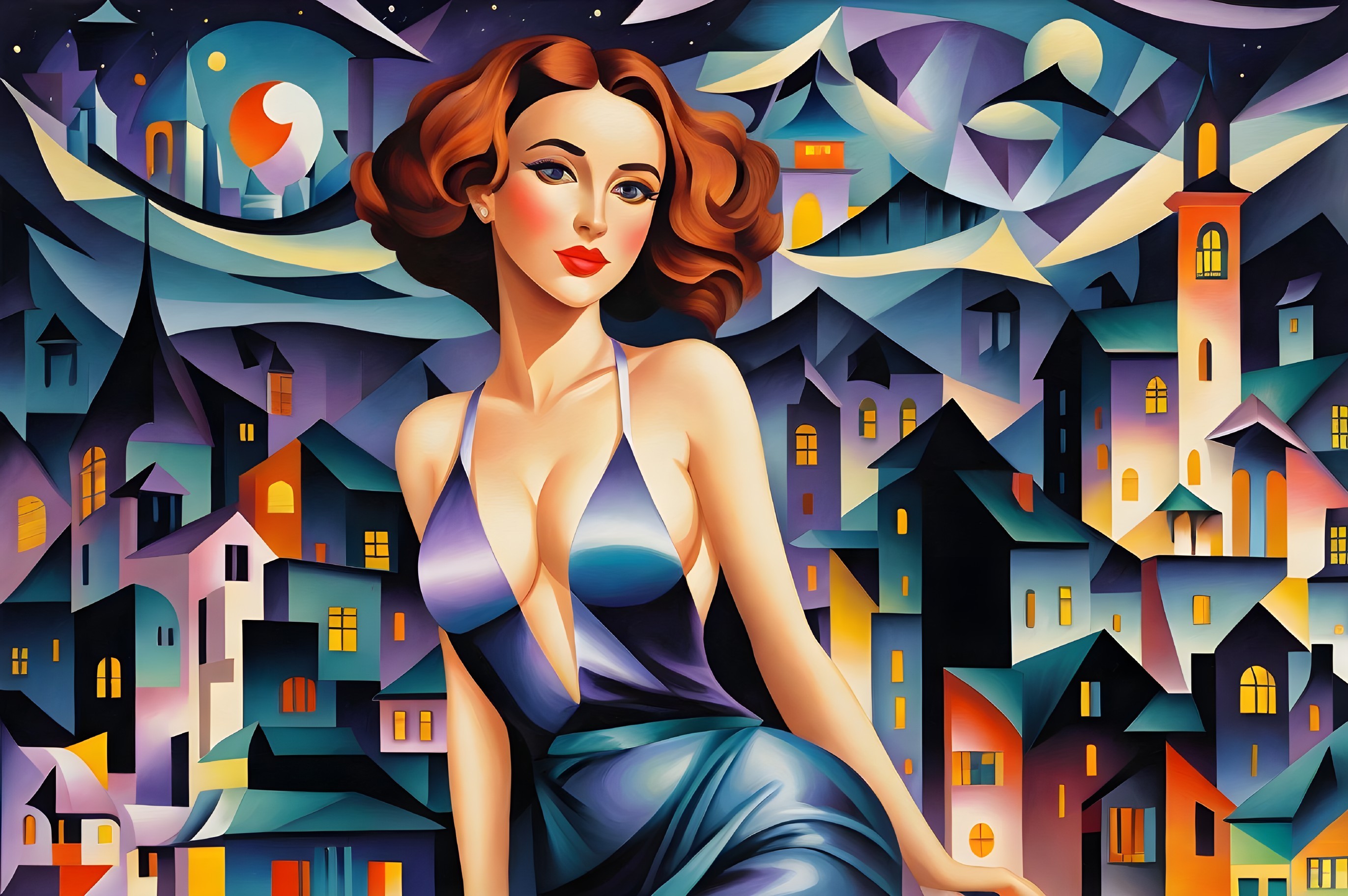 Stylized portrait of a woman in blue dress with backdrop