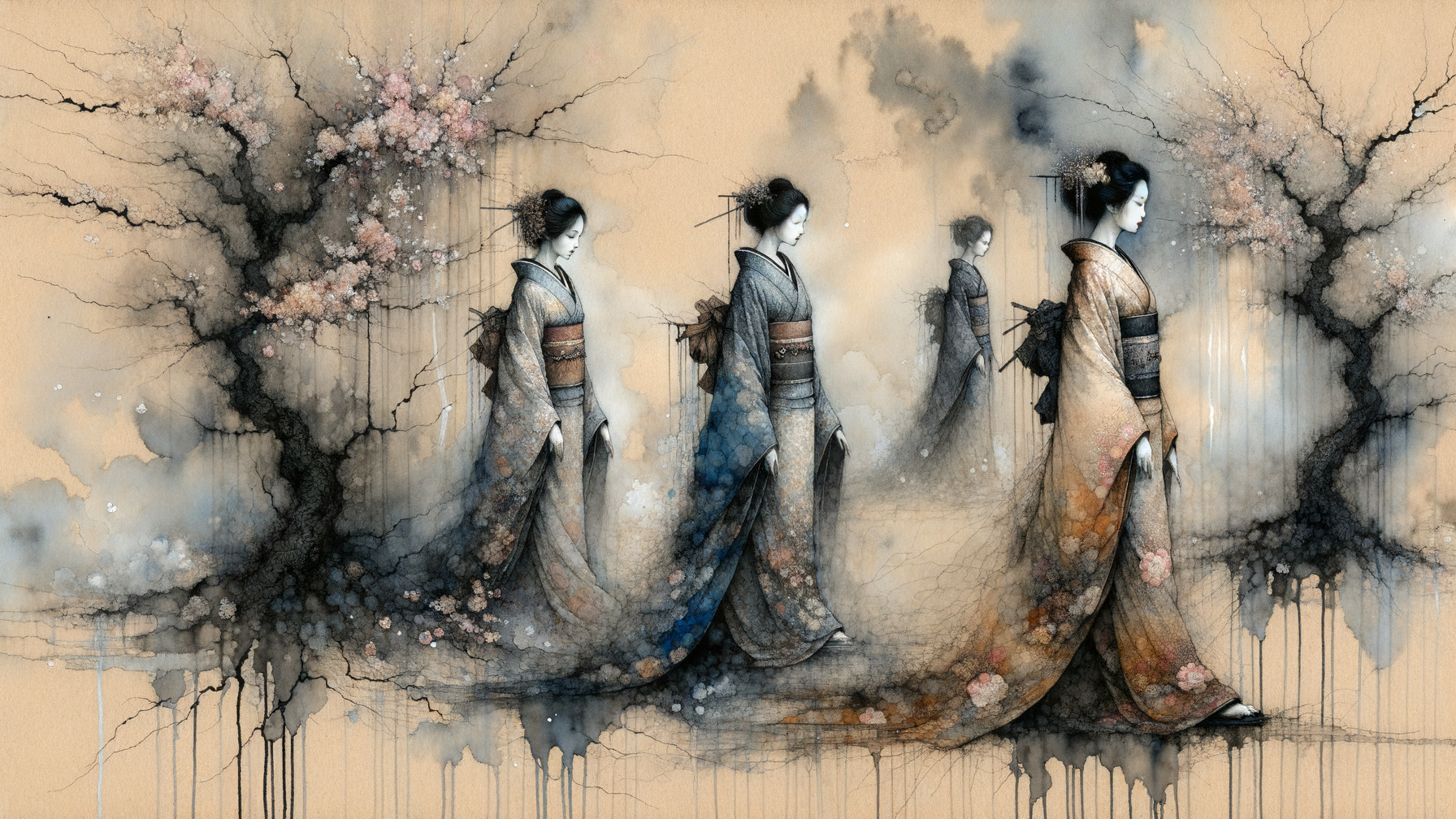 Elegant Figures in Kimonos Under Cherry Blossoms