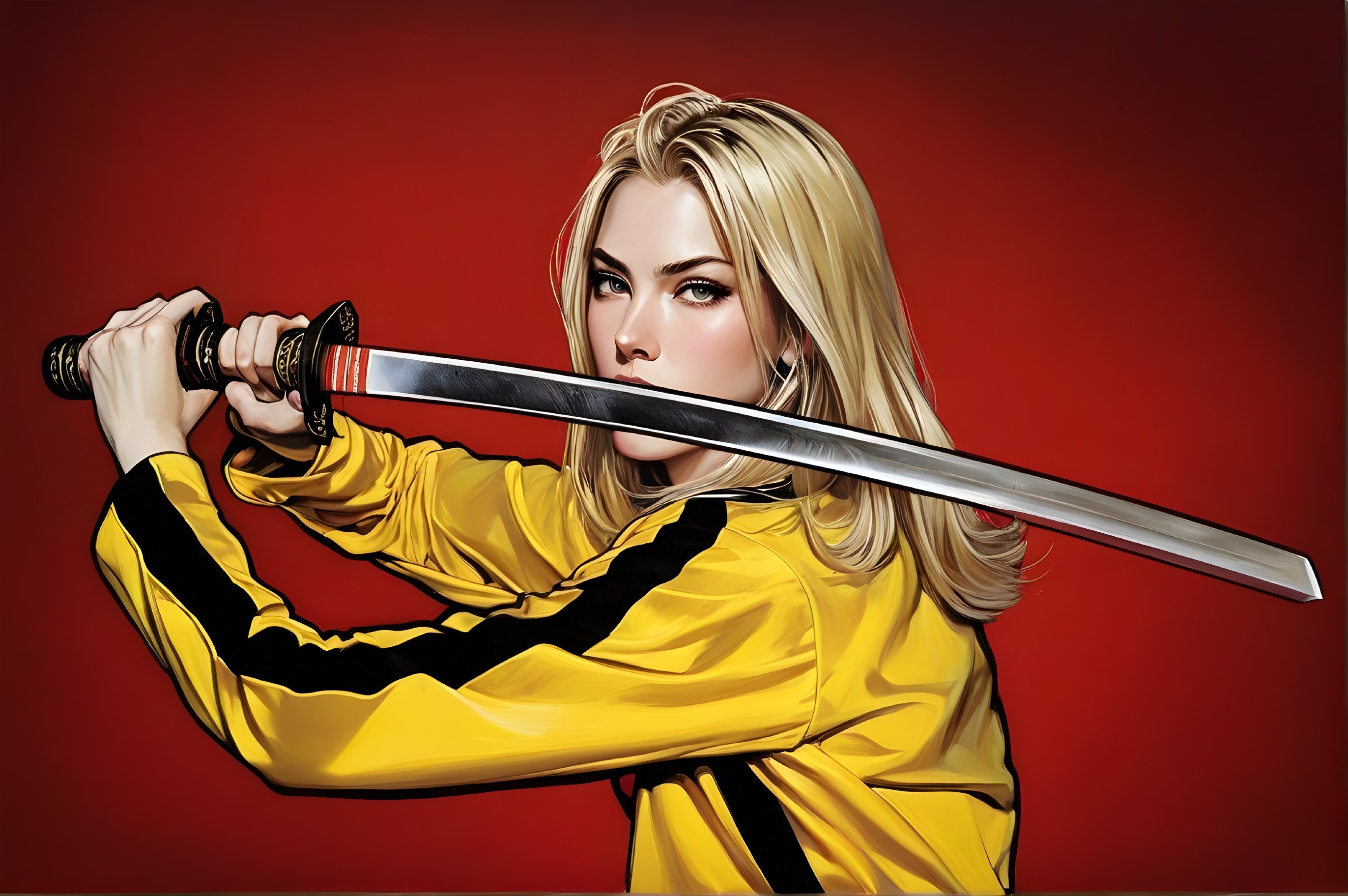 Warrior with Katana in Yellow Tracksuit and Red Background