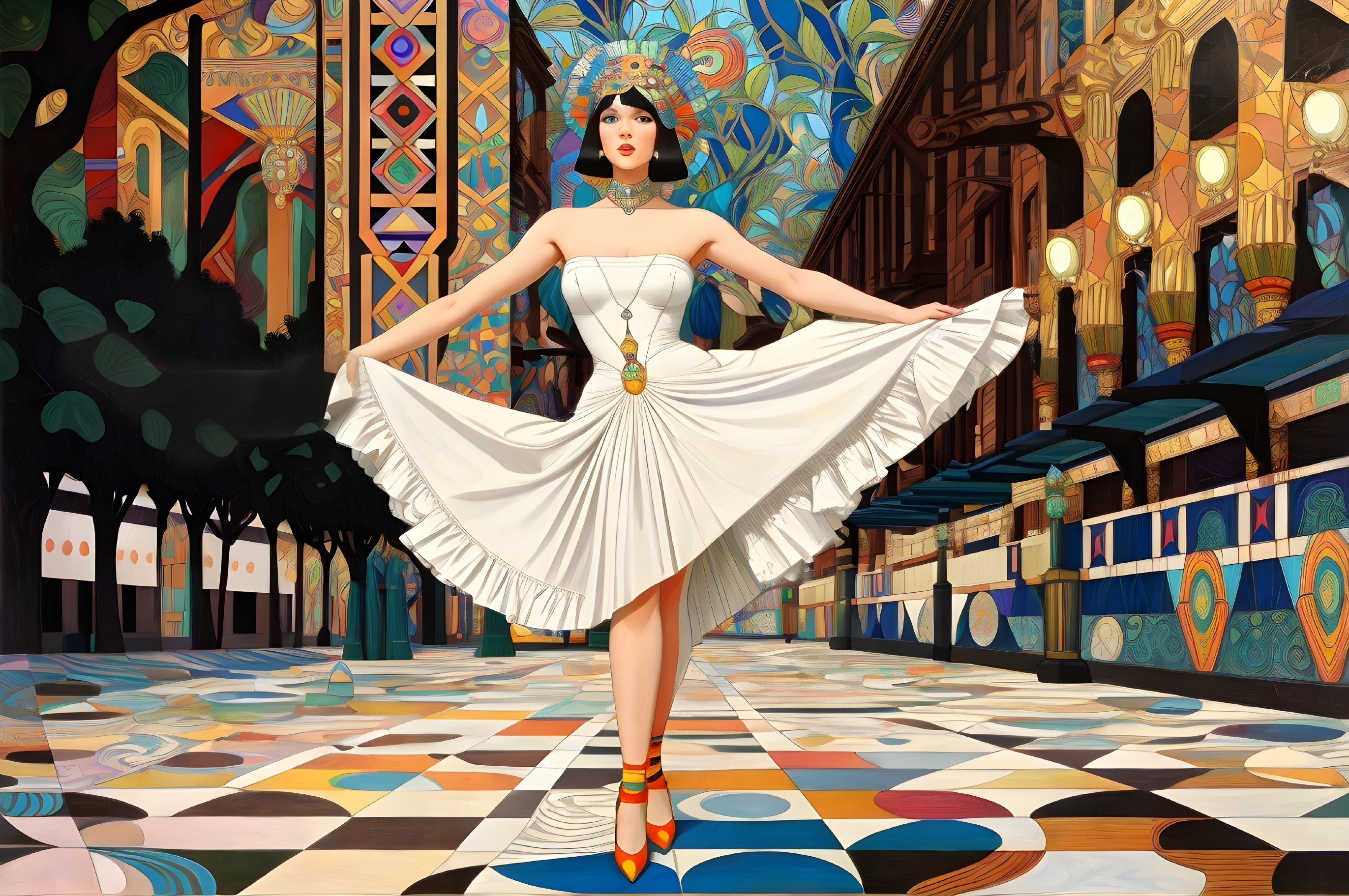 Art Deco Style Outfit in Colorful Geometric Interior