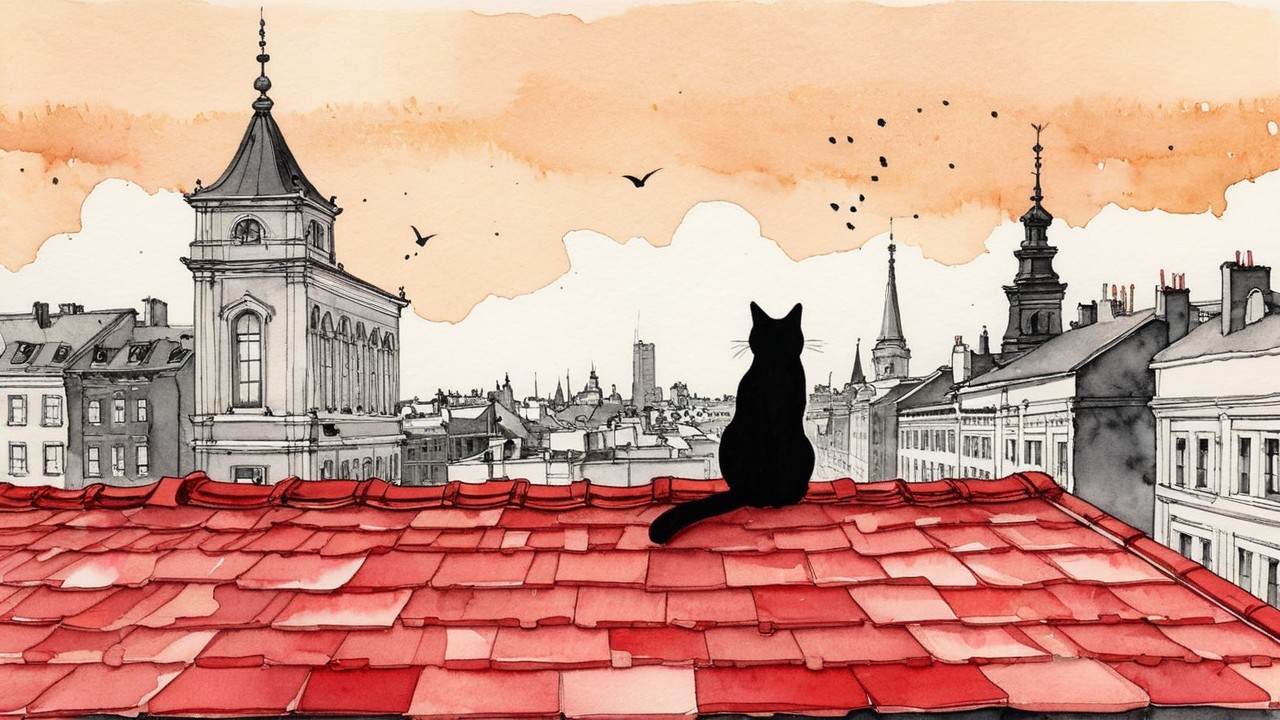 Cityscape at Dusk with Cat and Warm Sky Hues