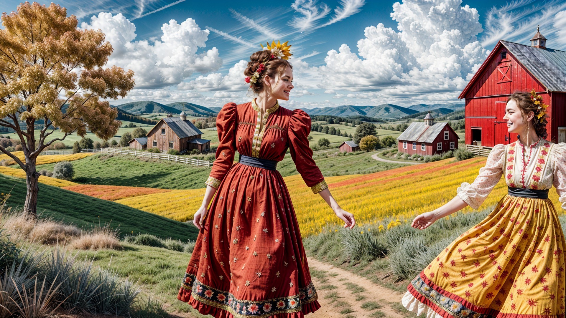 Women in Traditional Dresses in Vibrant Countryside