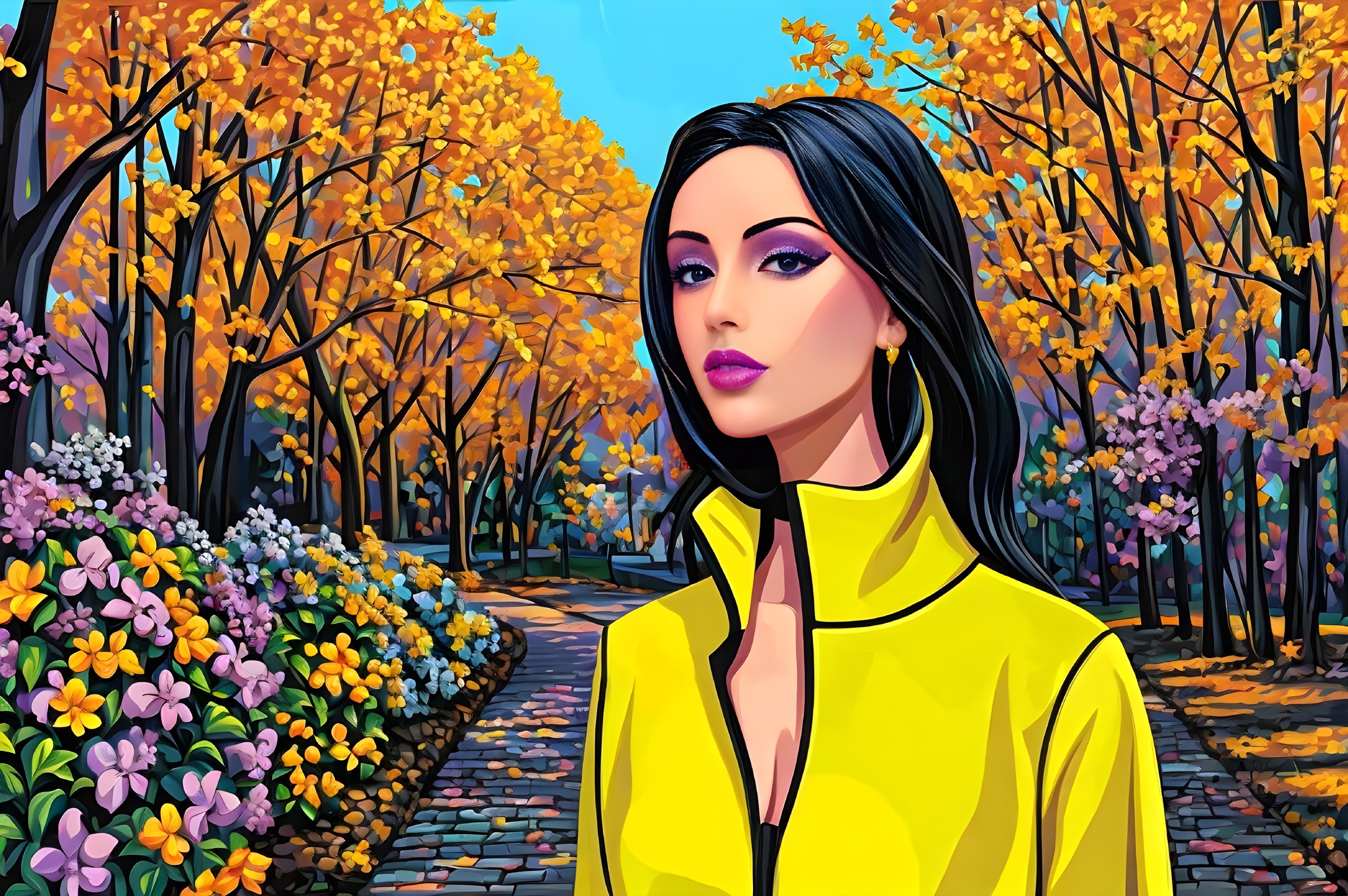 Digital Artwork of Woman in Yellow Jacket Among Autumn Trees