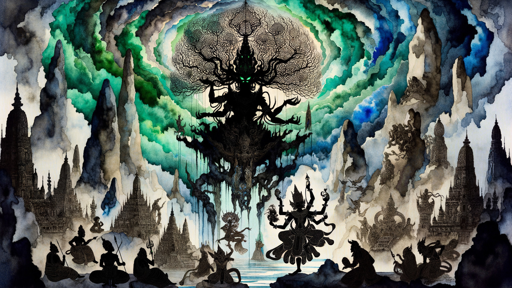 Vibrant Watercolor of Towering Silhouette and Mountains