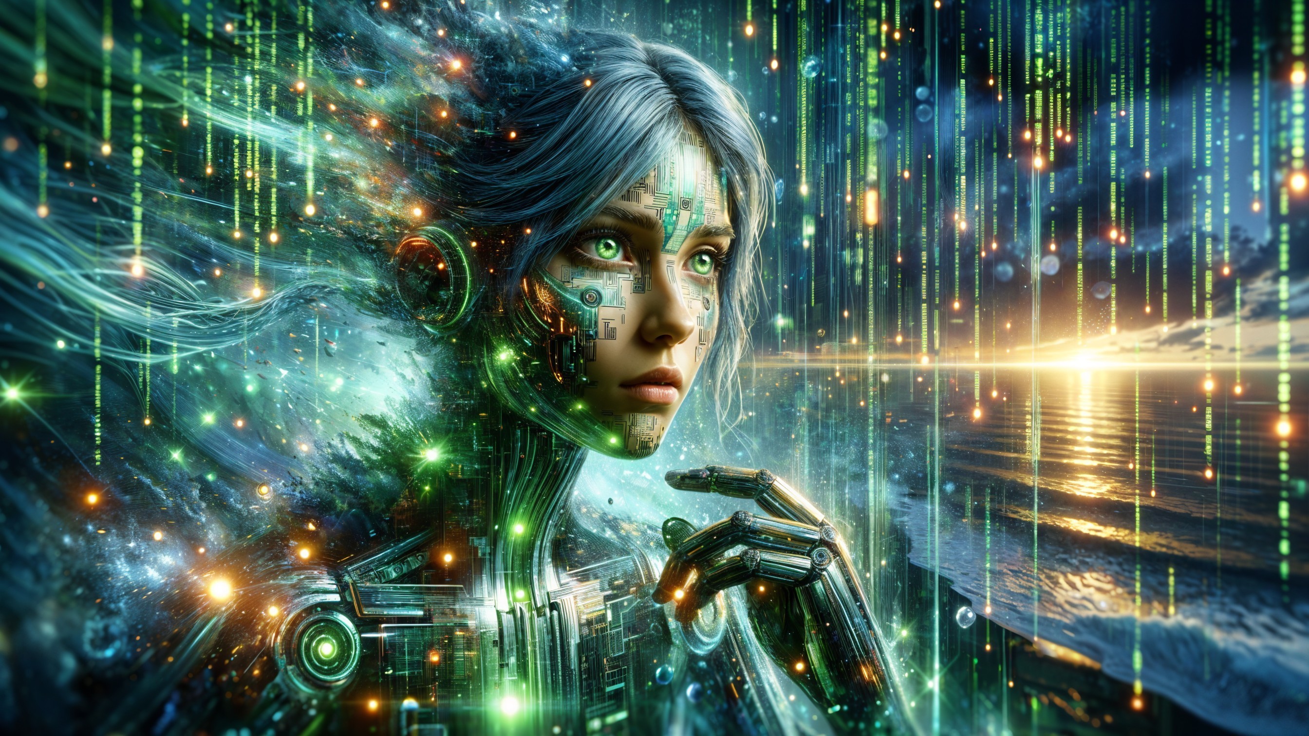 Futuristic Female Figure in Digital Landscape with Circuits