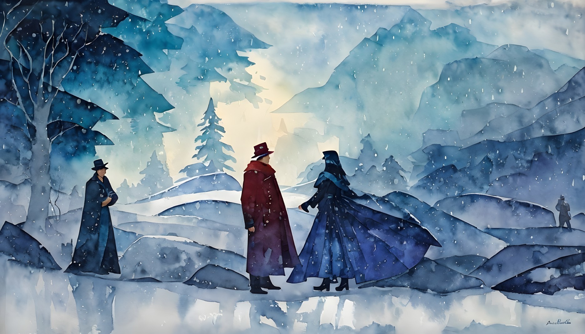 Silhouetted figures in cloaks on snowy landscape with stylized trees, watercolor style