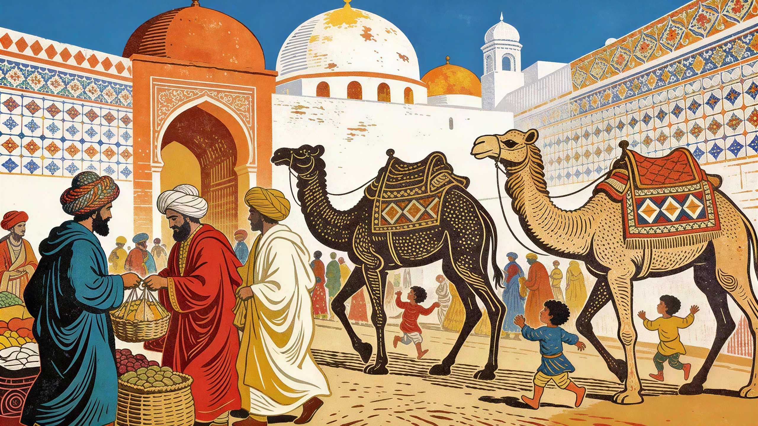 Intricate Storybook Illustration of a Bustling Market