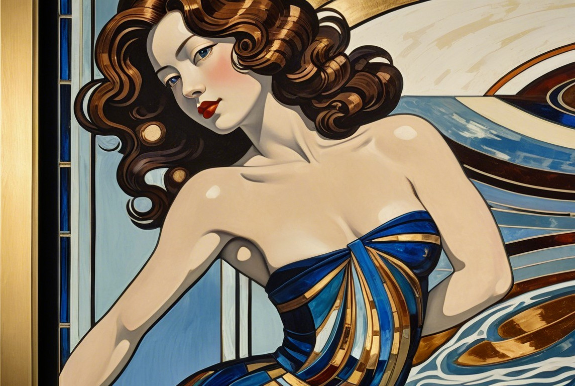 Elegant Woman in Blue Dress with Art Deco Background