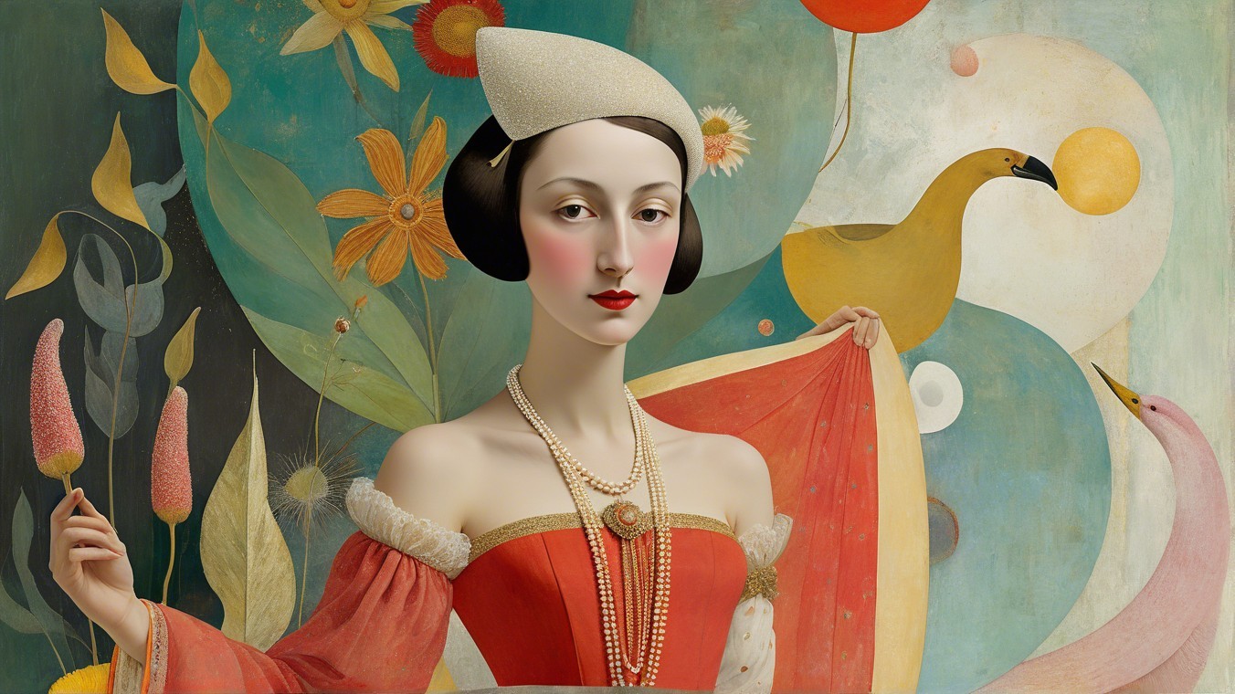 Woman in Red Gown Surrounded by Flowers and Birds