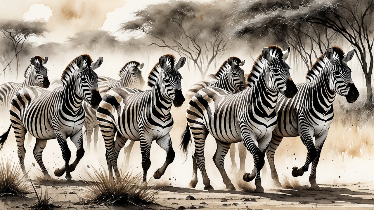 Zebras Galloping in a Dusty Safari Landscape
