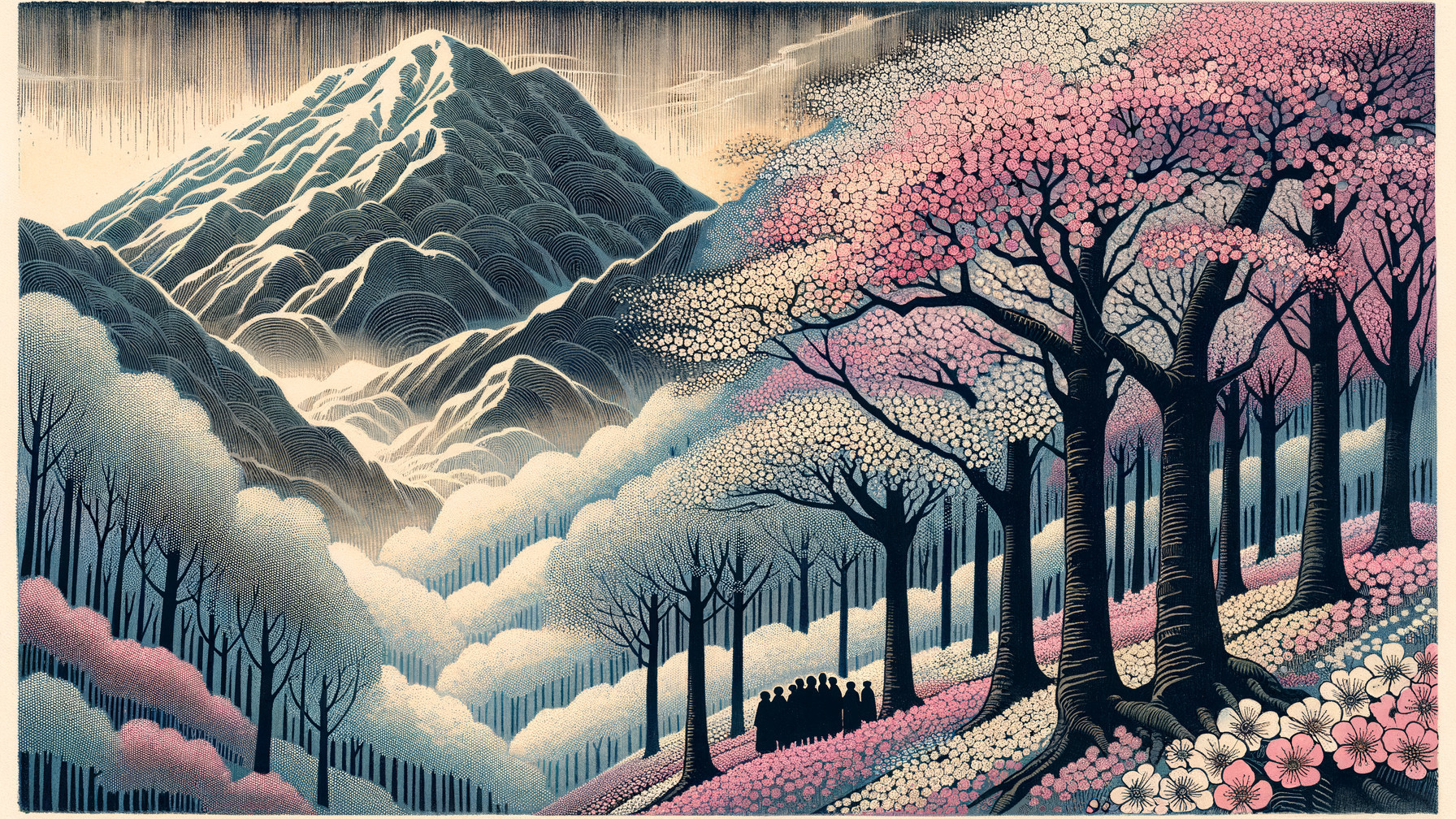 Serene Landscape with Mountains and Cherry Blossoms