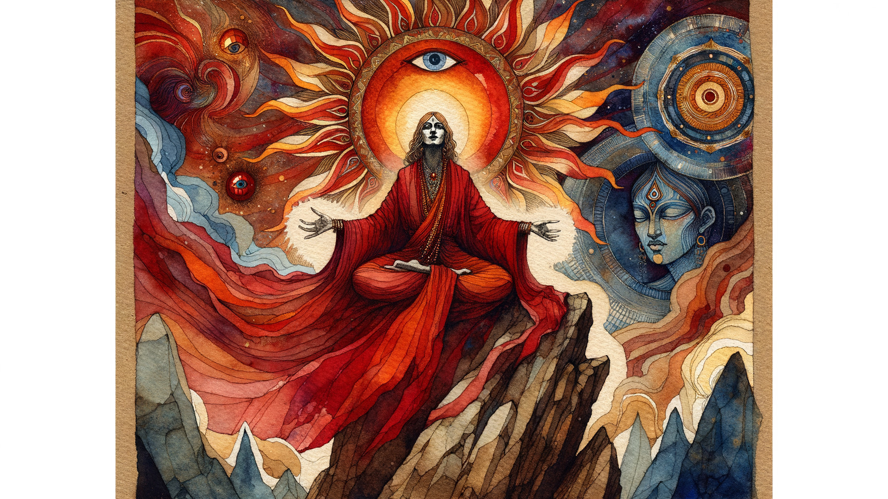 Mystical Figure Meditating on a Jagged Mountain
