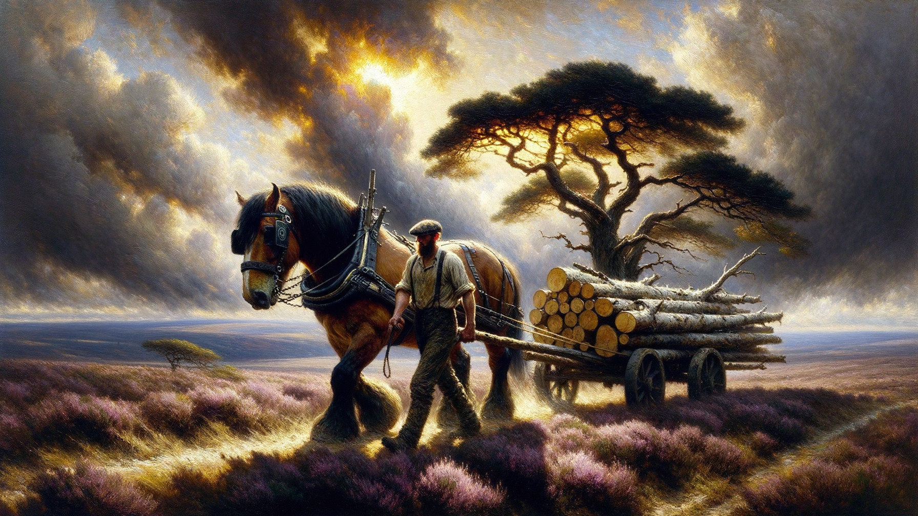 Strong man and horse pulling cart through scenic hills