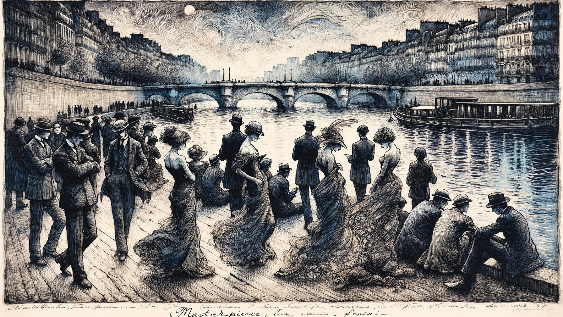 Vintage Scene of Elegantly Dressed Figures by River