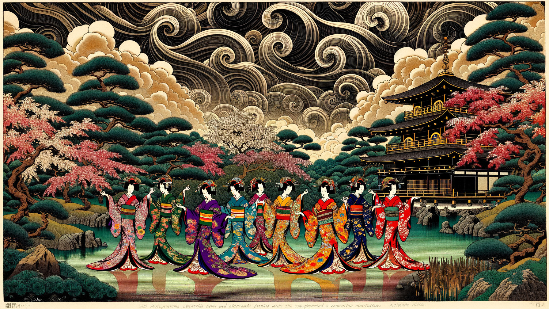 Elegant Women in Kimonos by a Tranquil Pond