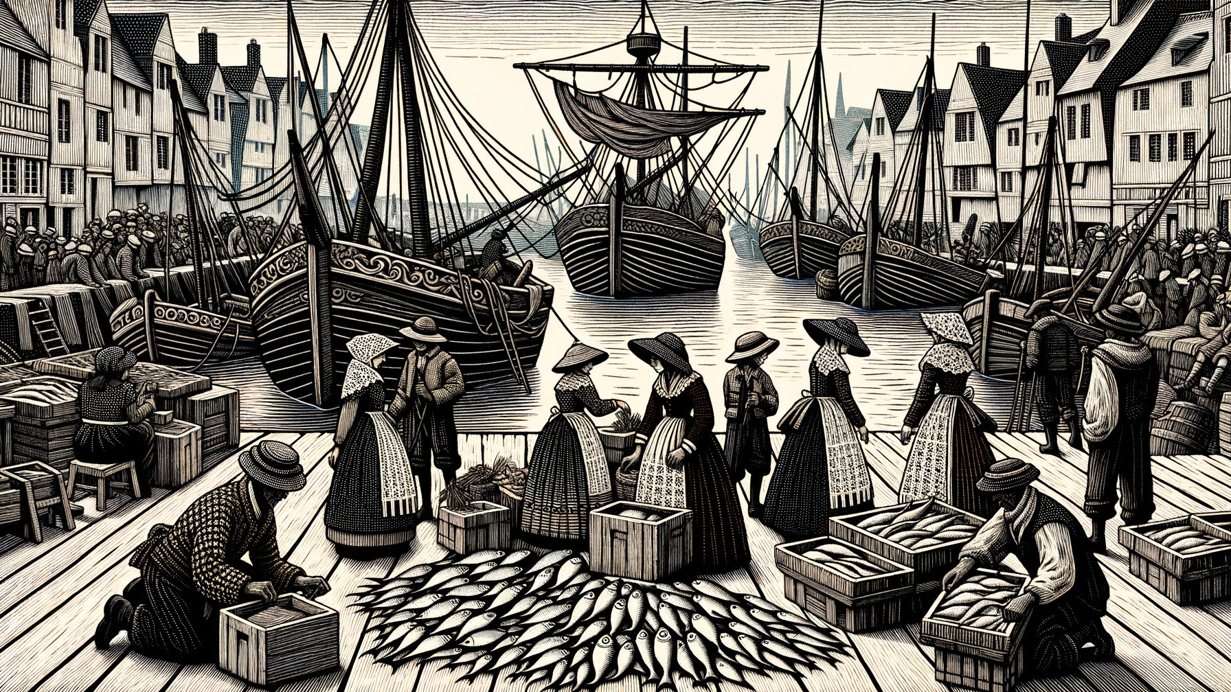 Bustling Historic Port Scene with Fishing Boats and Trade