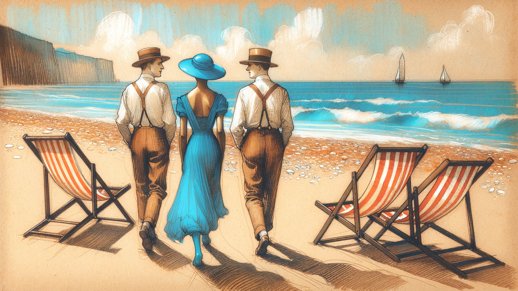 Stylish Trio at Beach with Vintage Attire and Sailboats